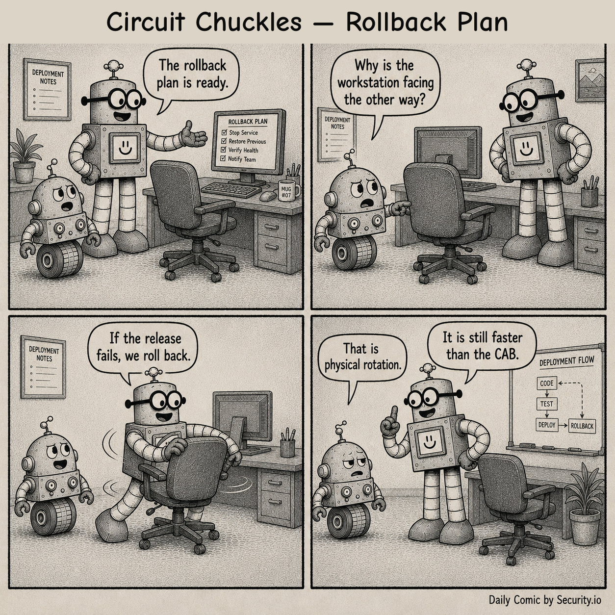 Rusty turns an office chair and workstation backward to demonstrate a rollback plan while Glitch notes that the action is only physical rotation.