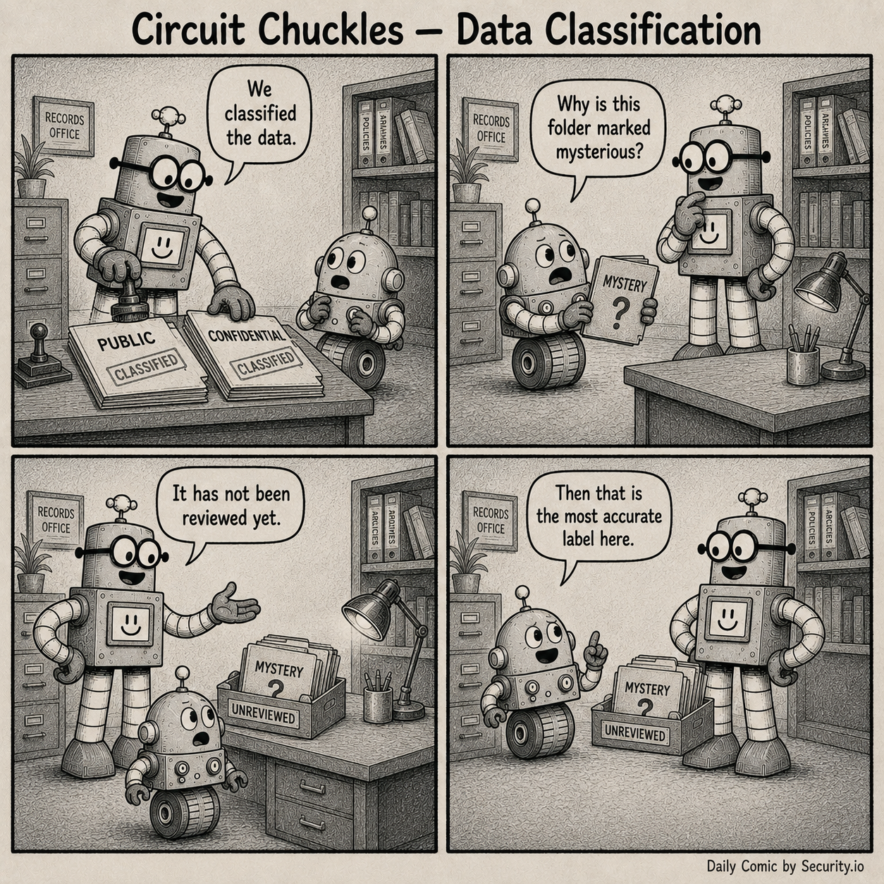 Rusty and Glitch sort records in an office where one unreviewed folder is labeled MYSTERY, prompting Glitch to admit that the label is technically accurate.