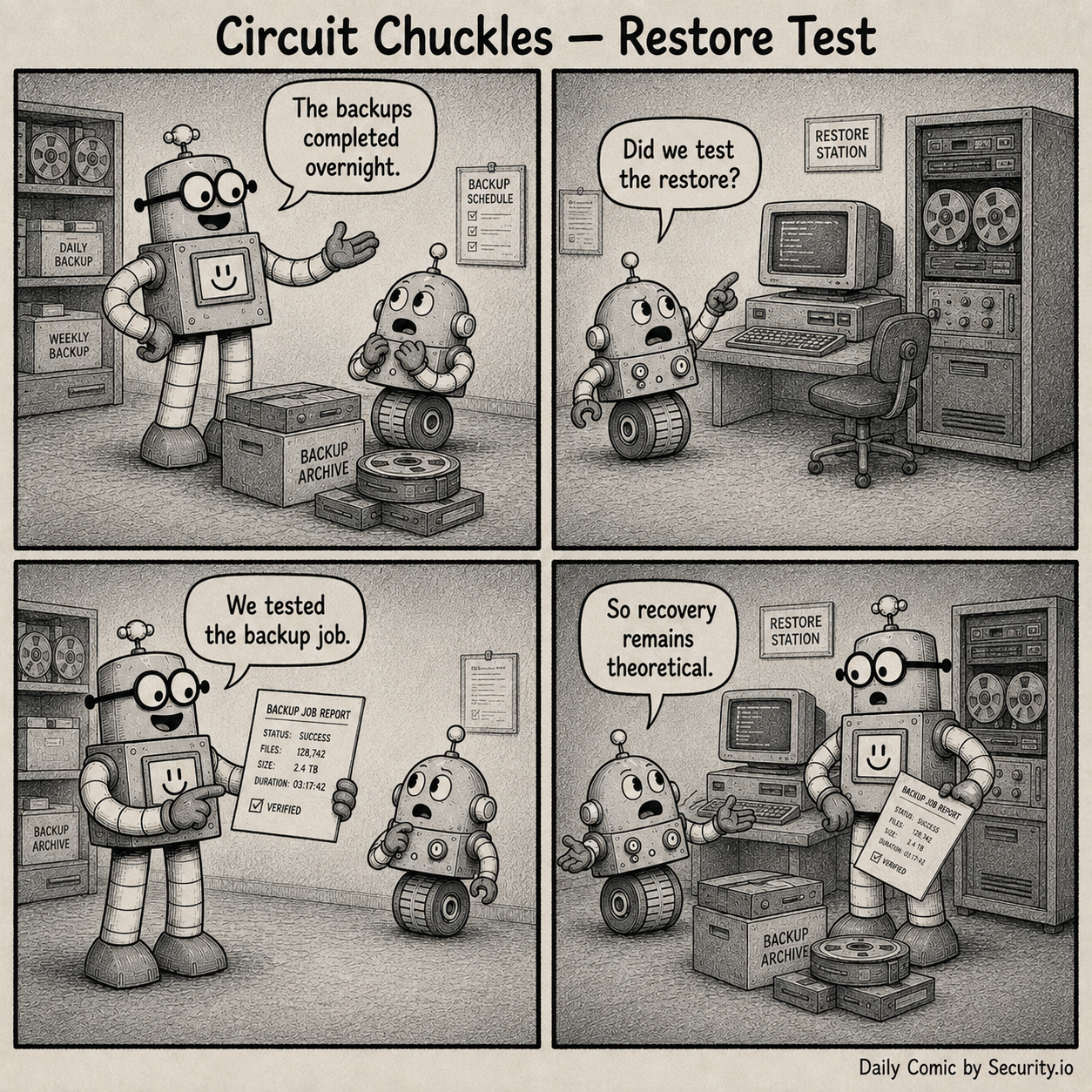 Rusty presents a successful backup-job report beside backup tapes while Glitch points to an unused restore station and concludes that recovery remains theoretical.